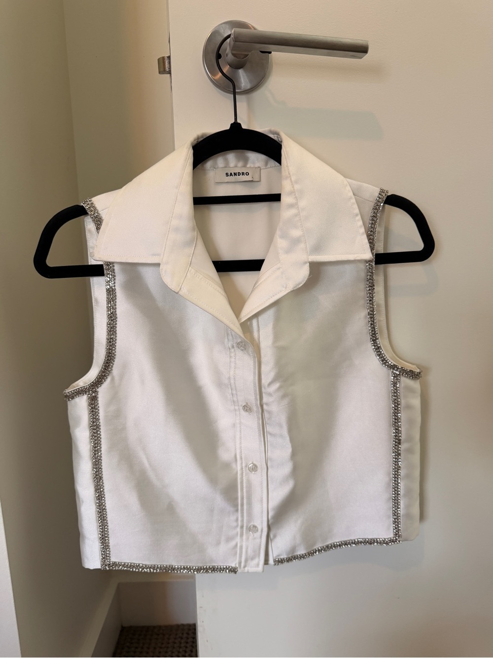 Sandro White Sleeveless Beaded-Trim Button Down